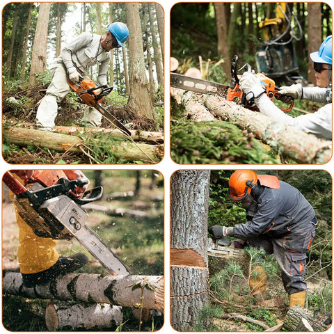 Workers using chainsaws with Chainsaw Protection Gloves For Left Hand Back, Cut Resistant EN ISO 11393-4 Class 0 in forest setting