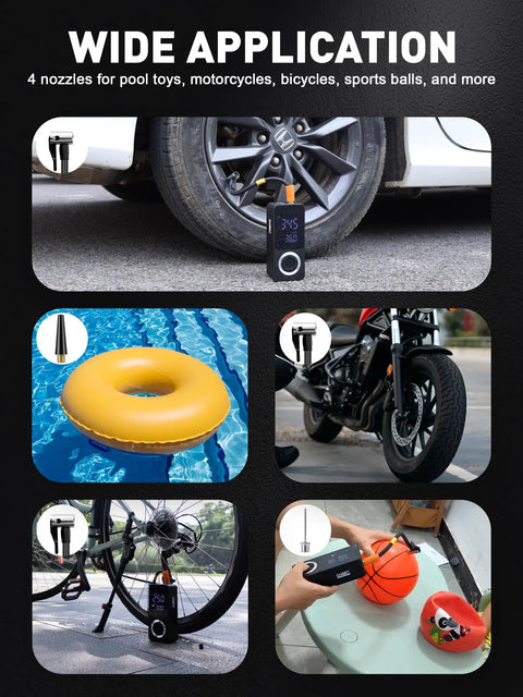 Image of Cordless Tire Inflator With Gauge On The Go Mini Air Compressor Dual Power 12V Built In Battery Portable Bike Pump demonstrating applications on car wheel, pool toy, motorcycle, bicycle, and basketball.