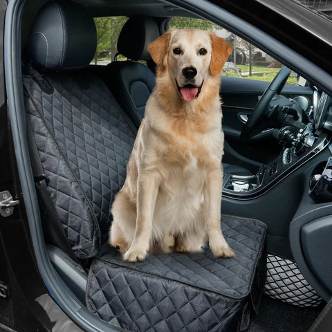 Waterproof Front Seat Car Cover 2 Pack With Side Flaps Nonslip Scratchproof Captain Chair Seat Protector for Cars Trucks SUVs Jeep Dog Hair Protection Easy Clean shown in black with a dog sitting on it.