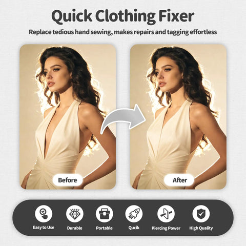 Before and after comparison of a portable handheld stitch gun for quick hemming and emergency garment repairs.