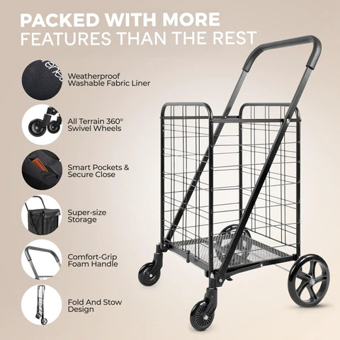 Compact Folding Shopping Cart With Removable Waterproof Liner, 360 Degree Swivel Wheels, Rust Proof Steel Frame, 70 Lb Capacity shown