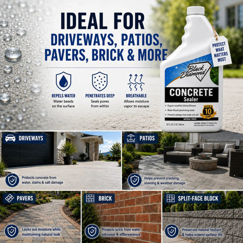 Penetrating Concrete Sealer for driveways, patios, pavers, and brick with product benefits and usage demonstration.