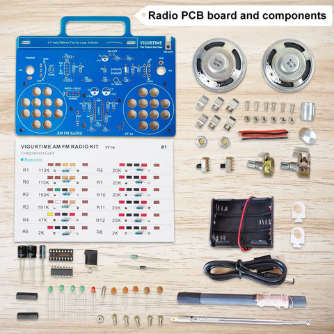 AM FM Radio Kit For DIY Soldering Projects And Electronics Teaching Hands On STEM Gift Dope Stereo Receiver Complete Parts Kit With Full Color Manual Upgraded VT-16 Version Easy Build For Beginners components displayed
