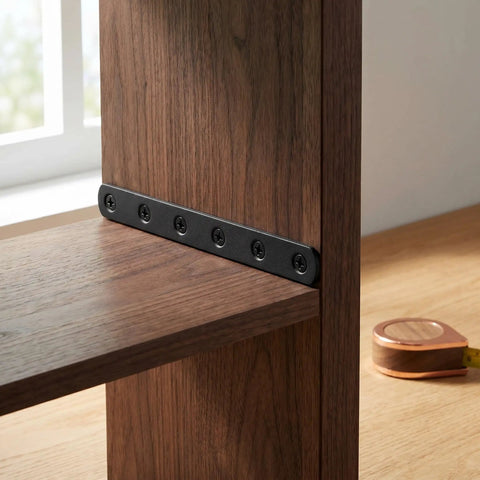 4 Pack Stainless Steel Straight Brace Brackets With Screws, installed on wooden shelf, for furniture repair and alignment
