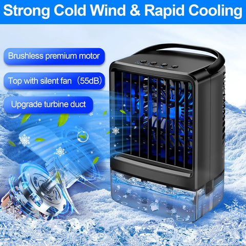 Ultimate Portable Air Conditioner Mini Personal AC with blue accents showing strong cold wind and rapid cooling effects.