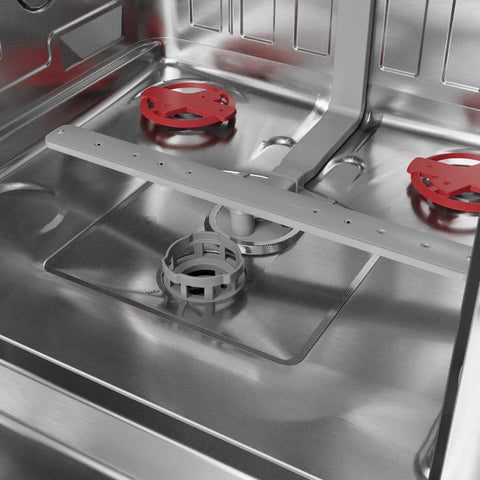 Inside view of Heavy Duty 24 Inch Dishwasher Sharp Black Bronze Finish with three spray arms for powerful cleaning.