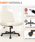 Sturdy cross-legged comfy office desk chair with wheels, armless swivel fabric seat, beige color, adjustable height and back support