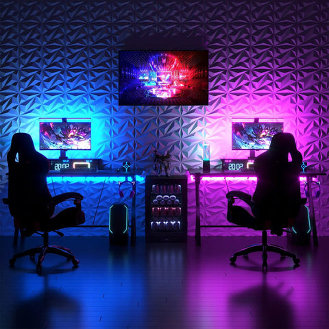 Gaming setup with colorful LED lighting, featuring 33 Pack 3D Diamond Wall Panels for Interior Decor, PVC Flower Texture, on the wall.