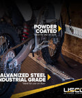 Beefy E Track Rail 5 Ft Galvanized 12 Gauge Steel For Trailers Garages And Vans Horizontal E Track Rails With 6000 Lbs Break Strength Per Slot And 2000 Lbs Working Load Made In USA installed in a trailer with motorcycle.