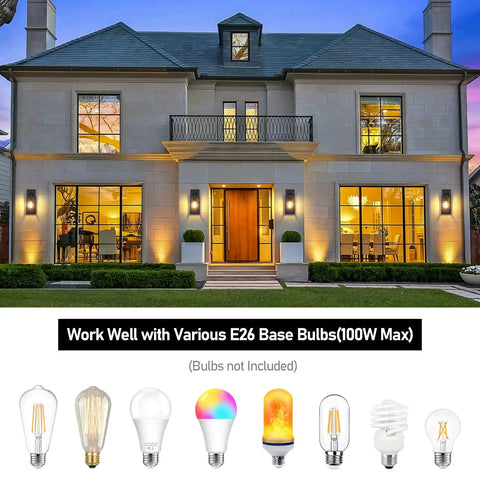 Weatherproof Outdoor Wall Light Fixtures on house with various E26 base bulbs shown below image.