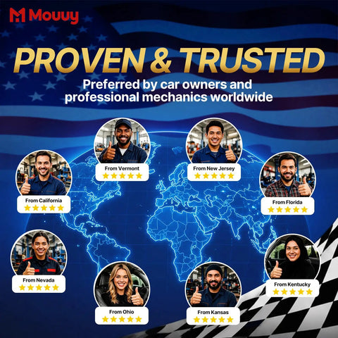 Image showcasing satisfied customers and mechanics from different U.S. states, with a world map background and "Proven & Trusted" text.