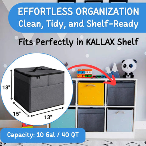Toy Storage Organizer With Play Mat For Kids And Bricks, Collapsible Fabric Bin, 13x13x15 Inches, shown in playroom shelf setup
