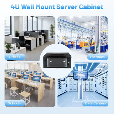 Rugged 4U Wall Mount Server Cabinet With Lockable Glass Door And Heavy Steel Frame Designed For It Network Gear And Secure Equipment Setup Built Tough To Last in office, school, factory, and data center settings.