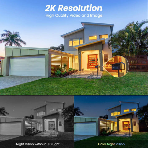2K Wireless Outdoor Security Camera System With Solar Panel And Battery Power capturing color night vision of a modern house.
