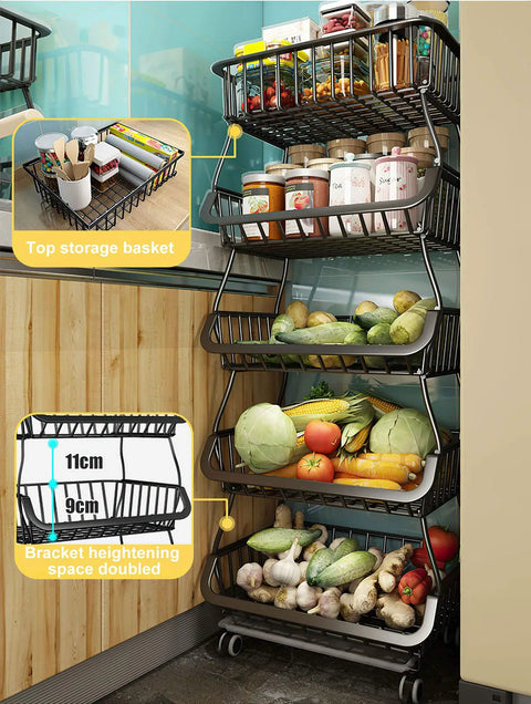 Five Tier Built Tough Metal Wire Rolling Cart Stackable Produce Basket With Smooth Gliding Casters Rust Resistant Black Finish showing fruits and jars on shelves