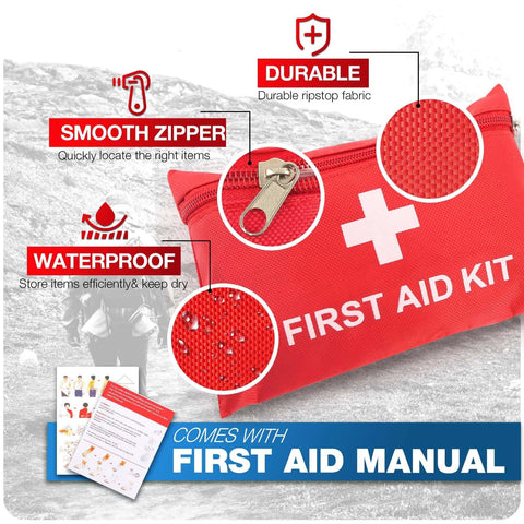 Red first aid kit made of durable ripstop fabric, waterproof with a metal zipper pull; comes with first aid manual.