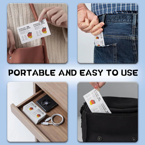 Giaceaw 500ct lens wipes, individually wrapped; four views show purse pull, jeans pocket, desk kit, bag pocket.