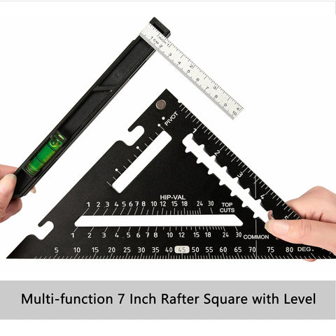 Kickass 7 Inch Rafter Square With Built In Bubble Level Solid Aluminum Carpenter Triangle Layout Gauge For Woodworking Framing, showing level.