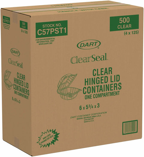 Clear Hinged Plastic Food Containers With Tight Seal Lids Leak Proof Takeout Trays Bulk Restaurant Packs 6 By 5 Point 8 Inches Case Of 500 boxed packaging with product details.