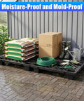 Eight Pack Plastic Pallets For Storage With Ventilated Raised Grid Surface, holding garden supplies on wet patio