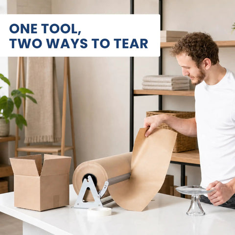 Flawless One Hand Paper Roll Dispenser And Cutter lets you slice Kraft freezer butcher paper up to 1000 feet effortlessly on a countertop.