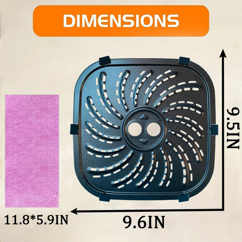Dimensions of Top Notch Air Fryer Crisper Rack For 8QT PowerXL Vortex Pro Models, measuring 9.6in x 9.5in.