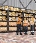 Warehouse with workers and 2 Pack Heavy Duty Metal Garage Shelving Unit 5 Tier 71.2 Inch High By 35.4 Inch Wide By 16 Inch Deep