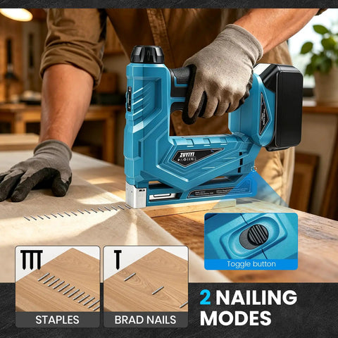 Makita 18V Compatible Cordless Brad Nailer And Stapler 2 In 1 for 18ga fasteners, close-up showing toggle button and fasteners.