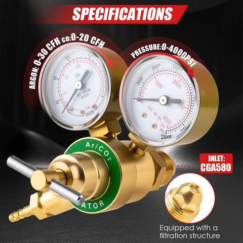 Dual gauge welding gas regulator with dual pressure gauges, inlet CGA580, and filtration for Argon/CO2, 0-4000 PSI input, ideal for welding.