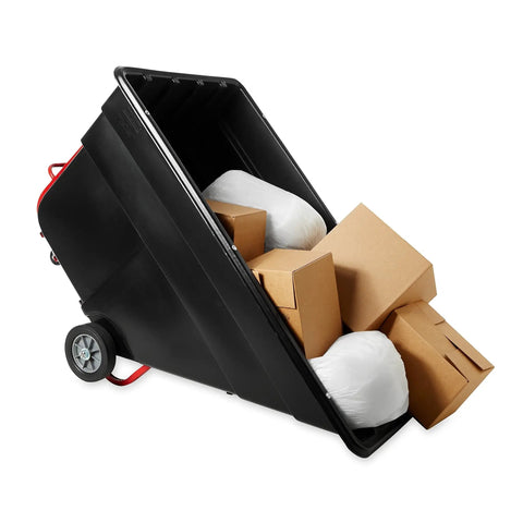 Heavy Duty HDPE Utility Cart With Steering Wheels And 1200 Pound Capacity Roll It Anywhere Without Breaking A Sweat Rock Solid Build filled with boxes and bags.
