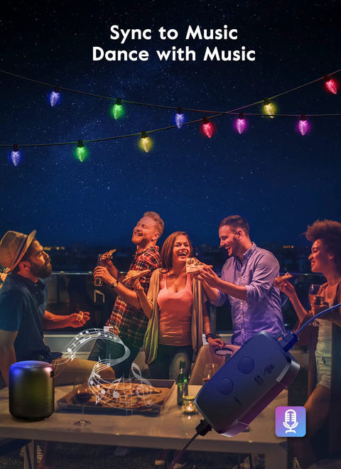 Group enjoying night party under Smart RGB C9 LED Christmas Lights 66ft Music Sync With App Control Color Changing String Lights.