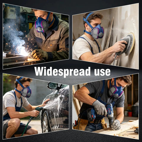 Bad Ass P100 Replacement Respirator Filters For Half Masks 4 Pack Quick Swap on workers in various settings like welding and cleaning.