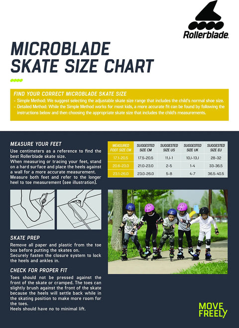 Microblade Free 3WD Kids Adjustable Inline Skates size chart with instructions and children skating illustration.