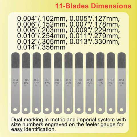 A308 offset valve tappet gauge set with 11 steel feeler blades and dual handles