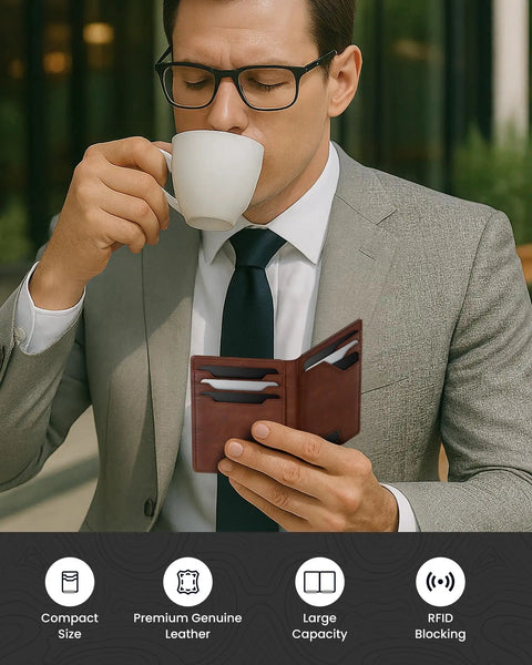Man holding brown Leather Wallet For Men RFID Blocking Card Holder shown open, with a space for cards in his hand.