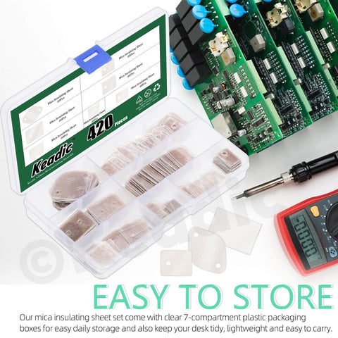 Open box of 420Pcs Mica Insulating Sheet Set For TO-220 TO-3P TO-3P11 TO-3PL Transistors next to circuit board and tools