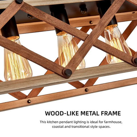 Open Cage Farmhouse Ceiling Light Fixture With 5 Light Dining Room Chandelier with wood-like metal frame detail