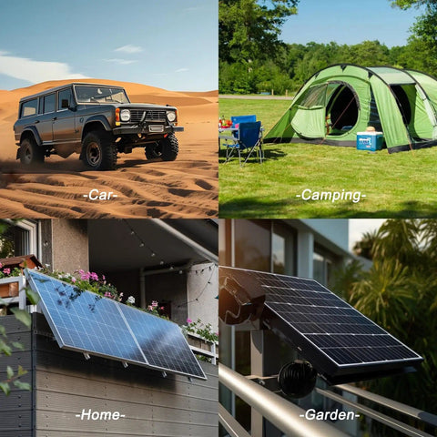 20W 12V Monocrystalline Solar Panel Kit With 10A Controller shown on RV, camping site, rooftop, garden setup