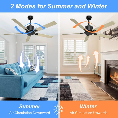 Dope 52 Inch Ceiling Fan With Lights Remote Control For Bedroom And Living Room displayed in summer and winter modes