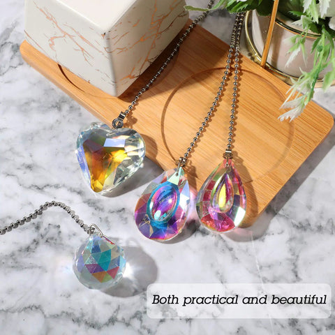 Rainbow Crystal Ceiling Fan Pull Chain Set, 4 Piece 20 Inch Length Alloy Bead Chains With Ball Connectors, on marble surface