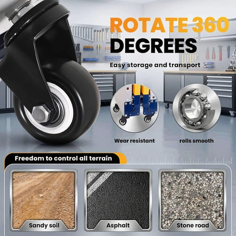 Built Like A Tank Foldable Scaffolding Platform With Five Adjustable Heights And Heavy Duty Alloy Steel Workbench wheel showing 360-degree rotation for easy transport.