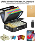 UL94 VTM-0 Certified Fireproof Document Box With Lock, open view showcasing documents, money, and valuables inside compartments