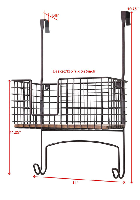 Metal Over The Door Or Wall Mount Ironing Board Holder With Large Storage Basket, view showing basket size 12x7x5.5 inches