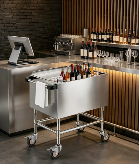 80 Quart Rolling Ice Chest For Outdoor Parties, Party Ready Portable Patio Bar Cooler Cart in stainless steel near bar