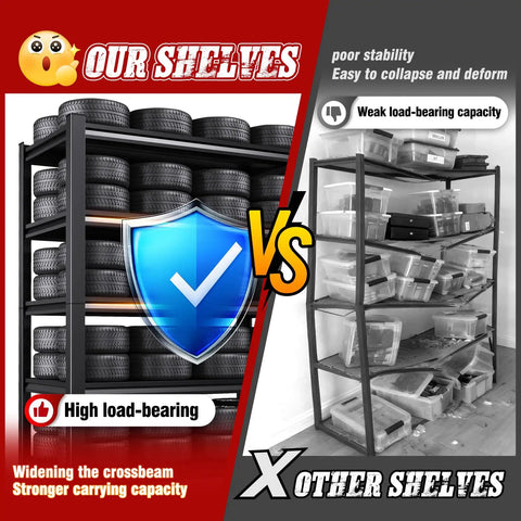 Comparison of Beefy Heavy Duty Metal Garage Shelving Unit 5 Tier 71 Inch Tall 35 Inch Wide 16 Inch Deep and weaker shelf with items.
