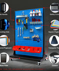 Heavy Duty Mobile 4 Tier Steel Workshop Shelving Unit With Wheels And Handle, blue pegboard, tools, red bins, casters, side handle