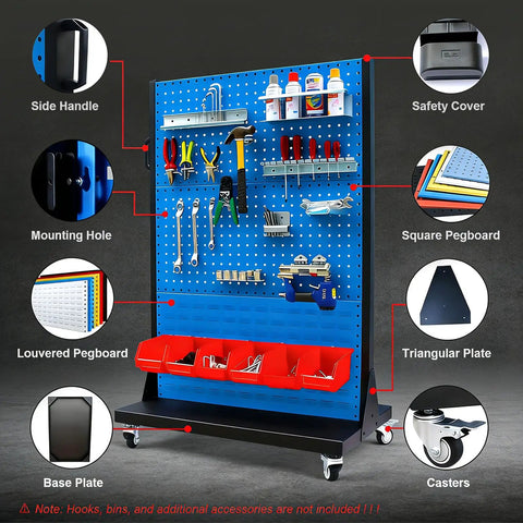 Heavy Duty Mobile 4 Tier Steel Workshop Shelving Unit With Wheels And Handle, blue pegboard, tools, red bins, casters, side handle
