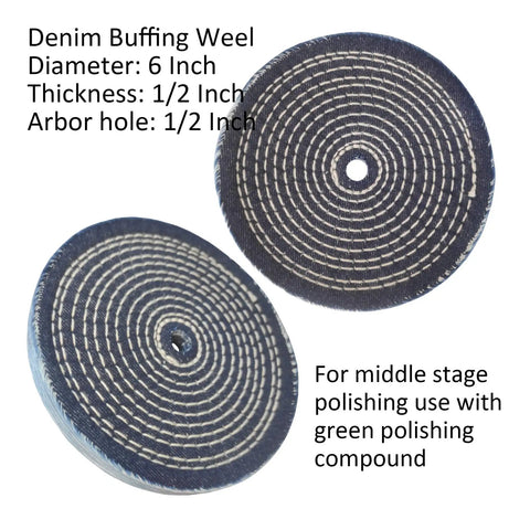 Badass 6 Piece 6 Inch Stainless Steel Buffing Wheel Kit For Bench Grinders With Half Inch Arbor Hole Plus Sisal Denim Cotton Wheels showing denim buffing wheel.