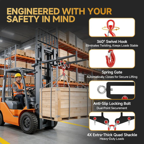 Heavy Duty Forklift Lifting Hook With Side Shackle Holes 6800 Lbs in use, showing sturdy swivel hook with wooden crate.