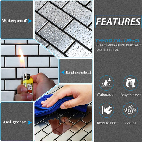 Features of Stainless Steel Peel And Stick Backsplash Tiles Set Of 10 Sheets With 3D Metal Subway Silver Brick Mosaic showing waterproof, heat-resistant, anti-greasy benefits.